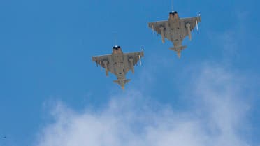 In this Wednesday, Nov. 8, 2017 photo, Two German Eurofighter Typhoon fighter jets fly over Ovda airbase near Eilat, southern Israel during the 2017 Blue Flag exercise. Israel's military is holding the largest ever air drill of its kind with pilots from eight countries (USA, France, Greece, Germany, India, Poland, Italy) simulating combat scenarios. It said Thursday that Germany, India and France are taking part for the first time in the two week drill codenamed blue flag, held every two years. (AP Photo/Ariel Schalit)
