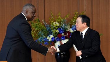 US Secretary of Defense Lloyd Austin and Japanese Defense Minister Yasukazu Hamada shake hands at the end of a joint press conference after their meeting at the Japanese defense ministry in Tokyo, Japan, on June 1, 2023. (Reuters)