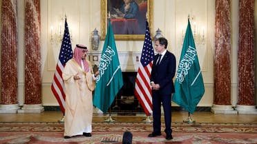 US Secretary of State Antony Blinken and Saudi Arabia's Foreign Minister Prince Faisal bin Farhan at the State Department, October 14, 2021. (Reuters)