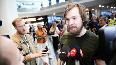 Danish citizen Thomas Kjems speaks to journalists after arriving at Copenhagen Airport, in Copenhagen, Denmark, on June 3, 2023 after being released from detention in Iran. (Reuters)