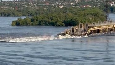 A general view of the Nova Kakhovka dam that was breached in Kherson region, Ukraine June 6, 2023 in this screen grab taken from a video obtained by Reuters/via REUTERS THIS IMAGE HAS BEEN SUPPLIED BY A THIRD PARTY. NO RESALES. NO ARCHIVES.
