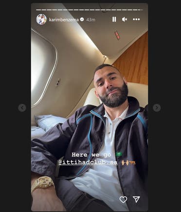Benzema shares a story on his Instagram account from the jet plane. (Instagram)