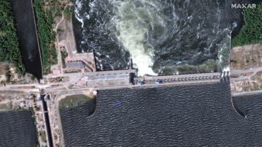 A satellite image shows a close-up view of Nova Kakhovka dam and hydroelectric power facility, Ukraine, June 5, 2023. (Reuters)