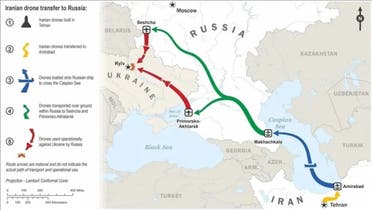 وائٹ ہاؤس نے 9 جون 2023 کو ایرانی ڈرون کی روس منتقلی کا نقشہ پیش کیا