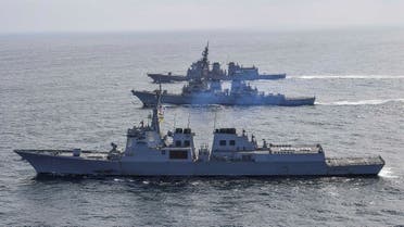 South Korean Navy’s destroyer Yulgok Yi I, the US Navy’s destroyer USS Benfold and Japan Maritime Self-Defense Force’s destroyer Atago take part in joint naval missile defense  exercises in international waters between Korea and Japan, on April 17, 2023.  (Reuters)