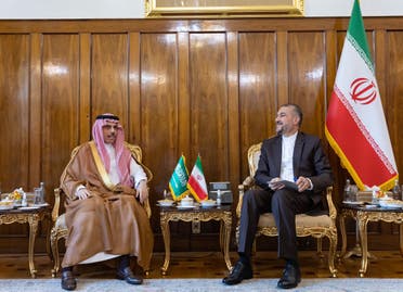Saudi Arabia’s Foreign Minister Prince Faisal bin Farhan (L) meets with his Iranian counterpart Hossein Amir-Abdollahian in Tehran, Iran, June 17, 2023. (Twitter/KSAMOFA)