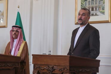 Iranian Foreign Minister Hossein Amir-Abdollahian (R) and his Saudi counterpart Prince Faisal bin Farhan hold a press conference in Tehran, on June 17, 2023. (AFP)