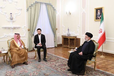 This handout picture provided by the Iranian presidency shows Iran’s President Ebrahim Raisi (R) meeting with Saudi Foreign Minister Prince Faisal bin Farhan in Tehran during a visit on June 17, 2023. (AFP)