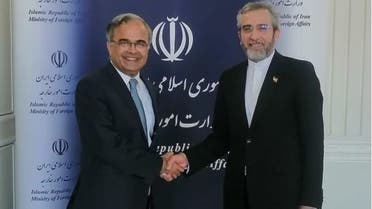Foreign Secretary of Pakistan Asad M. Khan, left,with Iran's deputy foreign minister Ali Bagheri Kani, in Tehran on June 17, 2023.