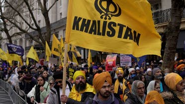 Protestors of the Khalistan movement demonstrate outside of the Indian High Commission in London, Wednesday, March 22, 2023. (AP)