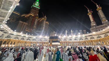 Muslim pilgrims pray around the Kaaba, Islam’s holiest shrine, at the Grand Mosque in the holy city of Mecca on June 22, 2023, as they arrive for the annual Hajj pilgrimage. (AFP)