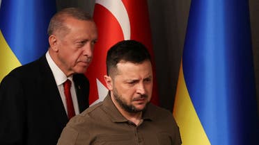 Turkish President Tayyip Erdogan and Ukrainian President Volodymyr Zelenskiy attend a press conference in Istanbul, Turkey, July 8, 2023. (Reuters)