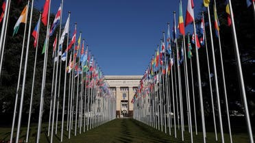 The flags alley is seen outside the United Nations building during the Human Rights Council in Geneva, Switzerland, February 27, 2023. REUTERS