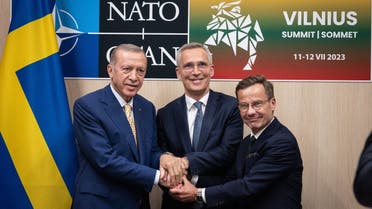 NATO Secretary General Jens Stoltenberg, Turkish President Recep Tayyip Erdogan and Swedish Prime Minister Ulf Kristersson in Vilnius on July 10, 2023. (Twitter)