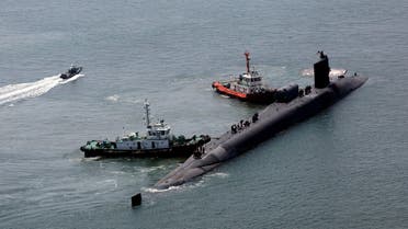 Ohio-class U.S. nuclear-powered submarine USS Michigan (SSGN 727) is anchored at a port in Busan, South Korea, June 16, 2023. Yonhap via REUTERS ATTENTION EDITORS - THIS IMAGE HAS BEEN SUPPLIED BY A THIRD PARTY. SOUTH KOREA OUT. NO RESALES. NO ARCHIVE.