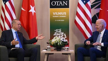 US President Joe Biden (R) and Turkey’s President Recep Tayyip Erdogan hold bilateral talks the NATO Summit in Vilnius on July 11, 2023. (AFP)