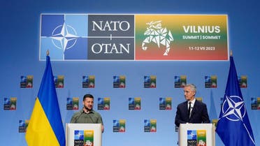 Ukraine’s President Volodymyr Zelenskyy and NATO Secretary-General Jens Stoltenberg attend a press conference during a NATO leaders summit in Vilnius, Lithuania, on July 12, 2023. (Reuters)