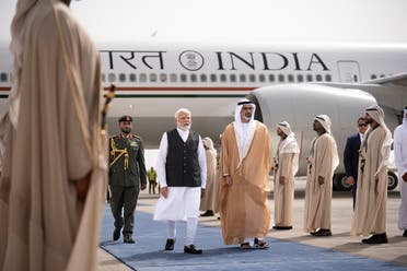 Sheikh Khaled bin Mohamed bin Zayed Al Nahyan, Crown Prince of Abu Dhabi, walks with Indian Prime Minister Narendra Modi during his official visit in Abu Dhabi, UAE, July 15, 2023. (Reuters)