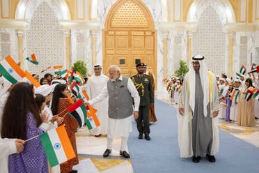 UAE President Sheikh Mohamed bin Zayed Al Nahyan and Indian Prime Minister Narendra Modi meet during an official visit reception at Qasr Al Watan, Abu Dhabi, UAE, July 15, 2023. (WAM)
