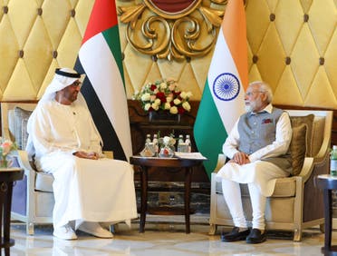 UAE's COP-28 President-Designate Sultan al-Jaber and Indian Prime Minister Narendra Modi meet during an official visit in Abu Dhabi, UAE, July 15, 2023. (WAM)