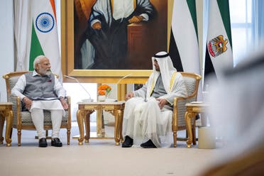 UAE President Sheikh Mohamed bin Zayed Al Nahyan and Indian Prime Minister Narendra Modi meet during an official visit reception at Qasr Al Watan, Abu Dhabi, UAE, July 15, 2023. (Reuters)