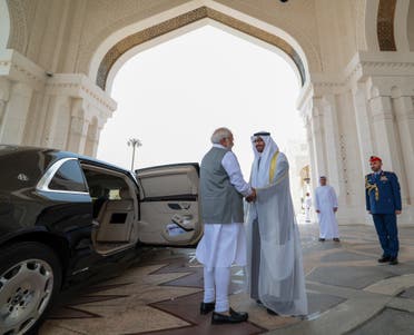 UAE President Sheikh Mohamed bin Zayed Al Nahyan and Indian Prime Minister Narendra Modi meet during an official visit reception at Qasr Al Watan, Abu Dhabi, UAE, July 15, 2023. (Twitter)