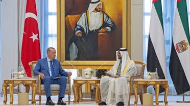 UAE's President Mohamed bin Zayed al-Nahyan (R) meeting with Turkey's President Recep Tayyip Erdogan in Abu Dhabi on July 19, 2023. (AFP)