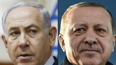 This combination of pictures created on April 1, 2018 shows a file photo taken on November 19, 2017 of Israel's Prime Minister Benjamin Netanyahu (L) attending the weekly cabinet meeting in Jerusalem and a file photo taken on December 15, 2017 of Turkish President Recep Tayyip Erdogan during the inauguration ceremony of Turkey's first automated urban metro line on the Asian side of Istanbul. (AFP))