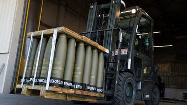 Airmen with the 436th Aerial Port Squadron use a forklift to move 155 mm shells ultimately bound for Ukraine, April 29, 2022, at Dover Air Force Base, Del. (AP)