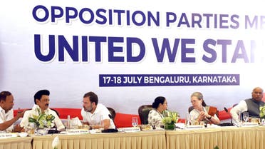 India's opposition leaders, from left, T.R.Baalu, M.K Stalin, Rahul Gandhi, Mamata Banerjee, Sonia Gandhi and Mallikarajun Kharge, attend a meeting of opposition parties where they announced their alliance named INDIA in Bengaluru, India, July 18, 2023. (AP)