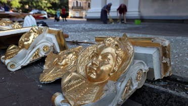 Fragments of church decoration are layed out, outside the damaged Transfiguration Cathedral as a result of a missile strike in Odesa, on July, 2023, amid the Russian invasion of Ukraine. (AFP)