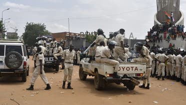 Nigerien policemen are seen as supporters rally in support of Niger’s junta in Niamey on July 30, 2023. (AFP)