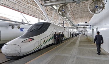 This picture taken on December 12, 2019 shows a view of a Haramain High Speed train, part of a network linking Saudi Arabia's two Muslim holy cities of Mecca and Medina, while at the airport station in the Red Sea city of Jeddah. (AFP)