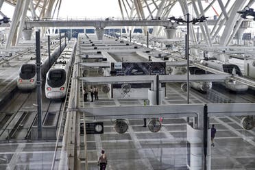 This picture taken on December 12, 2019 shows a view of a Haramain High Speed train, part of a network linking Saudi Arabia's two Muslim holy cities of Mecca and Medina, while at the airport station in the Red Sea city of Jeddah. (AFP)