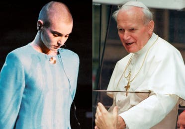 Irish singer Sinead O’Connor stands alone while the crowd boos her at Bob Dylan’s 30th anniversary celebration in New York on Oct. 16, 1992, 13 days after she ripped a photo of Pope John Paul II during an appearance on Saturday Night Live, left, and Pope John Paul II appears in his popemobil in Prague on April 21, 1990. (AP)