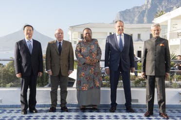 Ma ZHaoxu, deputy Minister of Foreign Affairs of China (L), Mauro Viera, Minister of Foreign Affairs of Brazil (2nd L), Naledi Pandor, South African Minister of International Relations and Cooperation (C), Sergei Lavrov, Minister of Foreign Affairs of Russia (2nd R), and Subrahmanyam Jaishanker, Minister of Foreign Affairs of India, pose for photos at the BRICS (Brazil, Russia, India, China, South Africa) Foreign Ministers Meeting on June 01, 2023, in Cape Town. (AFP)