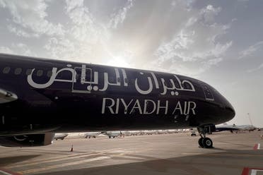 The first liveried Riyadh Air Boeing 787-9 Dreamliner is unveiled during a ceremony at the King Khaled International Airport in Riyadh, on June 12, 2023. (AFP)