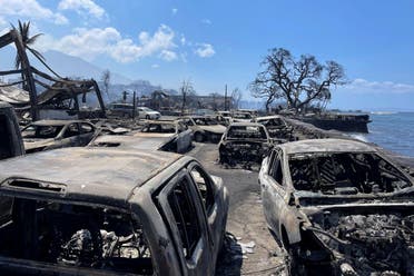 In this photo provided by Tiffany Kidder Winn, burned-out cars sit after a wildfire raged through Lahaina, Hawaii, on Wednesday, Aug. 9, 2023. (AP)