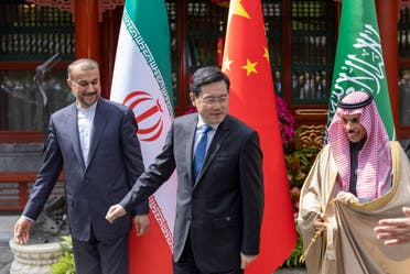 Iranian Foreign Minister Hossein Amir-Abdollahian, Saudi Arabia's Foreign Minister Prince Faisal bin Farhan Al Saud and Chinese Foreign Minister Qin Gang during their meeting in Beijing, China, April 6, 2023. (Reuters)