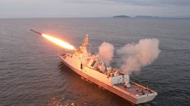 This undated picture released from North Korea's official Korean Central News Agency (KCNA) on August 21, 2023 shows a strategic cruise missile being launched from a guard ship marine of the 2nd Surface Ship Squadron of the East Sea fleet, also known as the Sea of Japan, part of a Korean People's naval unit, at an undisclosed location at sea off the coast. (AFP)