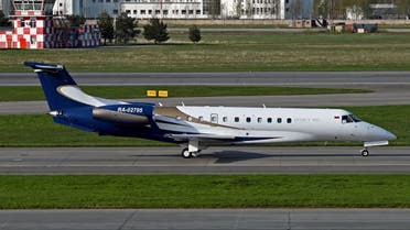 A view shows the Embraer Legacy 600 (plane number RA-02795) private aircraft on the tarmac of the Pulkovo International Airport in Saint Petersburg, Russia, May 9, 2023. (Reuters)