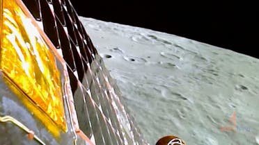 This image from video provided by the Indian Space Research Organisation shows the surface of the moon as the Chandrayaan-3 spacecraft prepares for landing on Wednesday, Aug. 23, 2023. India became the first country to land a spacecraft near the moon’s south pole, which scientists believe could hold vital reserves of frozen water. (ISRO via AP)