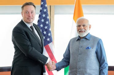 India’s Prime Minister Narendra Modi shakes hands with Tesla chief executive Elon Musk during a meeting in New York City, New York, US, on June 20, 2023. (India’s Press Infor-mation Bureau/Handout via Reuters)