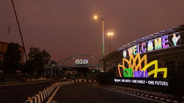 A G20 logo is pictured in front of the main venue of the summit in New Delhi, India, August 24, 2023. (Reuters)
