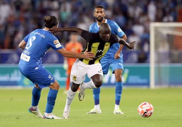 Al Ittihad’s N’Golo Kante in action with Al Hilal’s Ruben Neves. (Reuters)