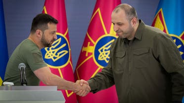Ukraine's President Volodymyr Zelenskiy and newly appointed Defence Minister Rustem Umerov shake hands during a meeting with commanders of the Armed Forces, amid Russia's attack on Ukraine, in Kyiv, Ukraine September 7, 2023. Ukrainian Presidential Press Service/Handout via REUTERS ATTENTION EDITORS - THIS IMAGE HAS BEEN SUPPLIED BY A THIRD PARTY.