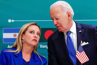 Italian Prime Minister Giorgia Meloni and US President Joe Biden attend the launch of the Global Biofuels Alliance at the G20 summit in New Delhi, India, on September 9, 2023. (Reuters)