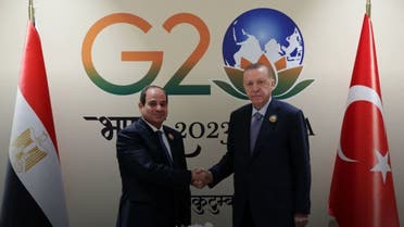 Turkey’s President Recep Tayyip Erdogan and Egypt’s President Abdel Fattah al-Sisi at the G20 summit in India. (Turkish directorate of communications)