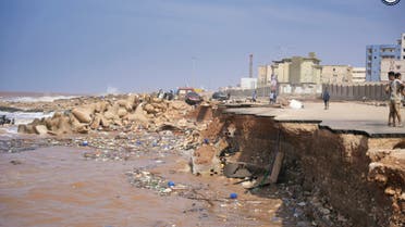 In this photo provided by the Libyan government, a seaside road is collapsed after heavy flooding in Derna, Libya, on Monday, Sept. 11, 2023. Mediterranean storm Daniel caused devastating floods in Libya that broke dams and swept away entire neighborhoods and wrecked homes in multiple coastal towns in the east of the North African nation. (Libyan government via AP)