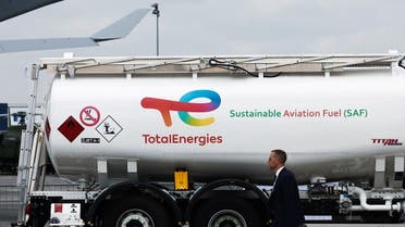 A TotalEnergies tanker truck with sustainable aviation fuel (SAF) is pictured during the 54th International Paris Airshow at Le Bourget Airport near Paris, France, on June 19, 2023.  (Reuters)